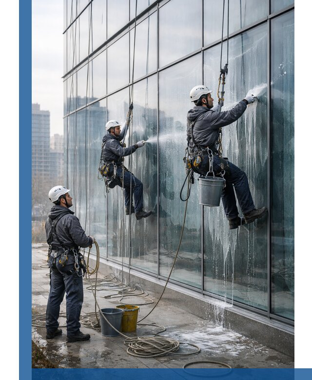 Промышленная мойка панорамных окон на высоте в Курске