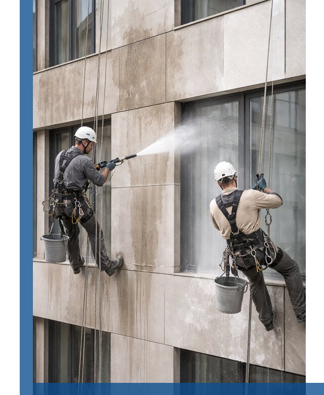 Послестроительная мойка фасада промышленным альпинизмом в Курске