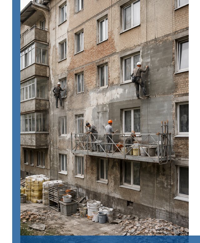 Капитальный ремонт фасада в Курске с восстановлением и гидроизоляцией