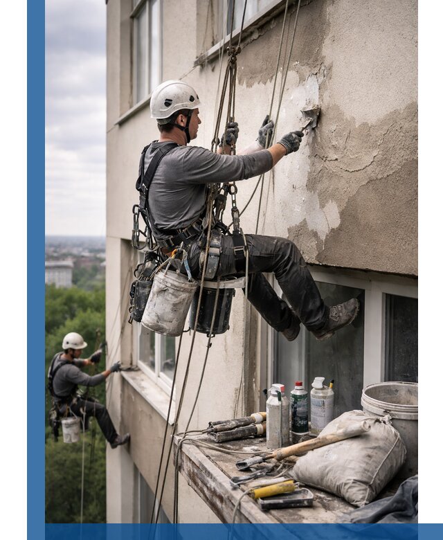 Косметический ремонт фасада зданий в Курске промышленными альпинистами
