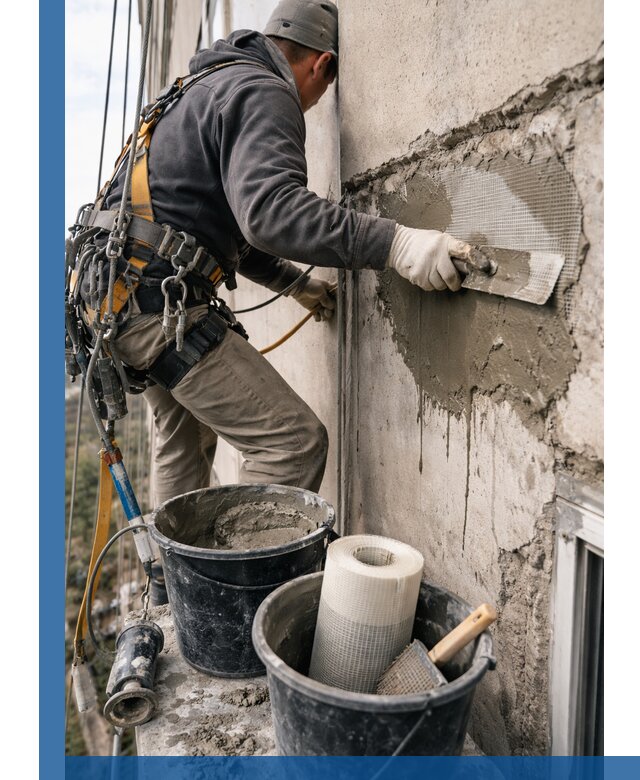 Ремонт бетонных элементов фасада промышленными альпинистами в Курске