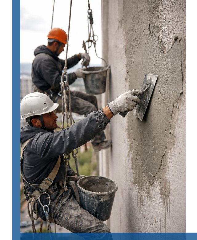 Штукатурка фасада на высоте в Курске профессиональные работы