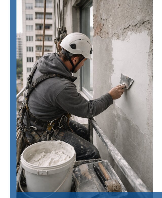 Шпаклевка фасадов на высоте с промальпинистами в Курске