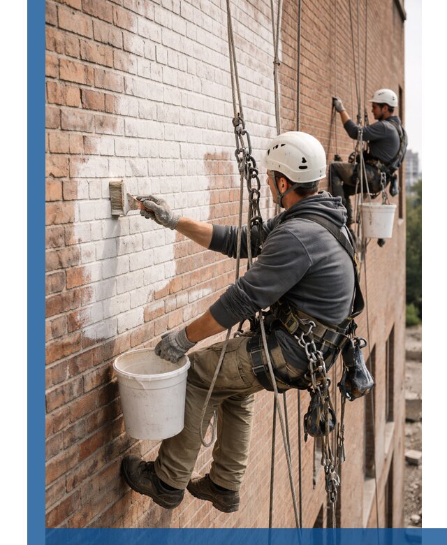 Покраска кирпичного фасада с доступным альпинистским сервисом в Курске