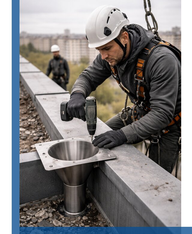 Монтаж водосточных воронок в Курске для промышленных зданий