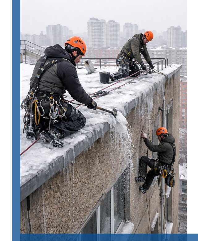 Удаление наледи с кровли в Курске промышленными альпинистами