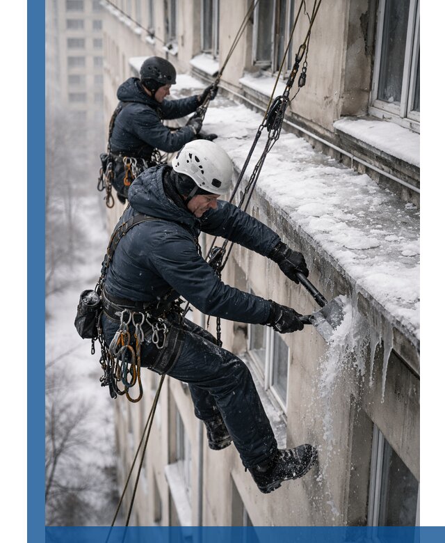 Удаление наледи и сосулек с карнизов в Курске профессионально