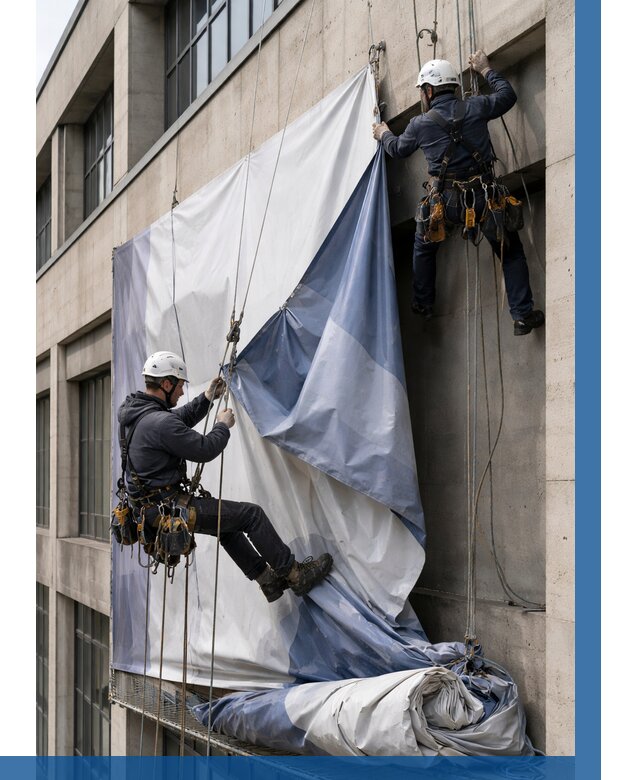 Демонтаж баннеров с фасада в Курске от 4691 р. | ВЫСОТНИК-Кус