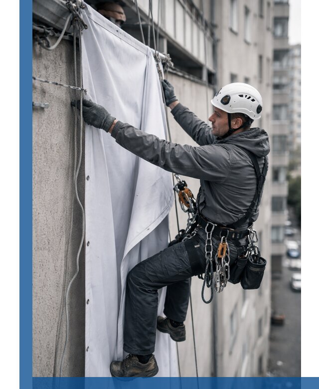 Замена баннерного полотна промышленными альпинистами в Курске