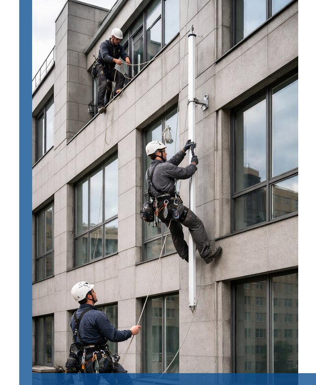 Монтаж флагштока на фасаде здания с креплением и герметикой в Курске