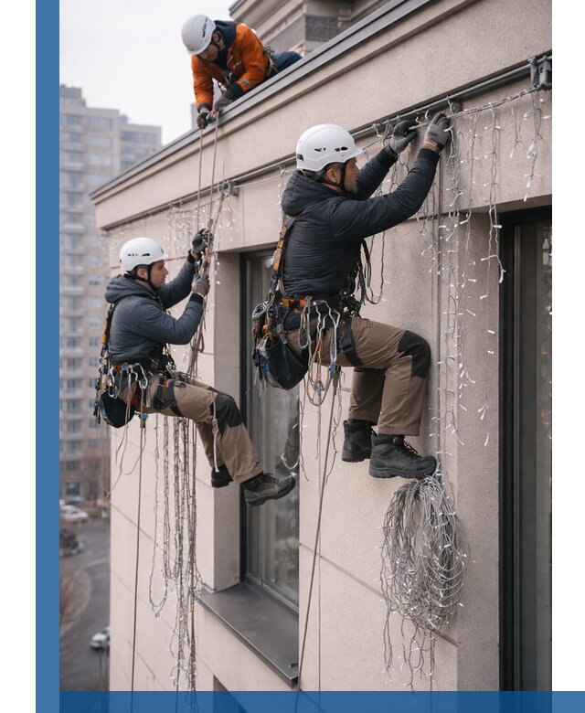 Монтаж праздничных гирлянд на фасаде в Курске для зданий