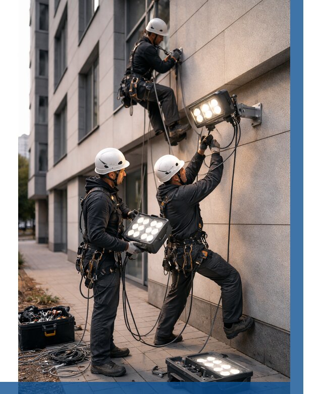 Монтаж прожекторов на фасаде в Курске от 7818 р. | ВЫСОТНИК-Кус