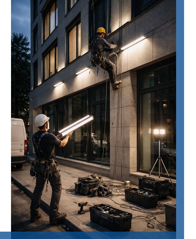 Монтаж архитектурной подсветки здания в Курске от 2606 р.|ВЫСОТНИК-Кус