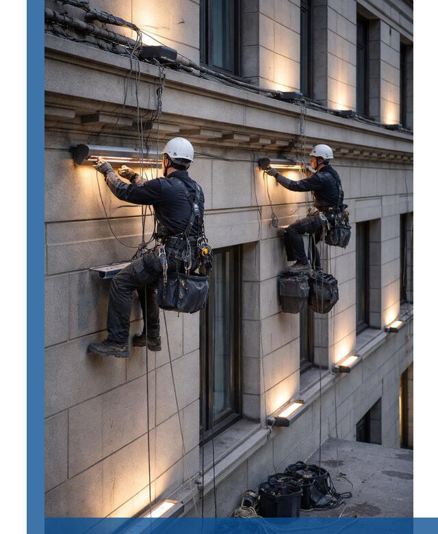 Монтаж архитектурной подсветки фасадов зданий в Курске