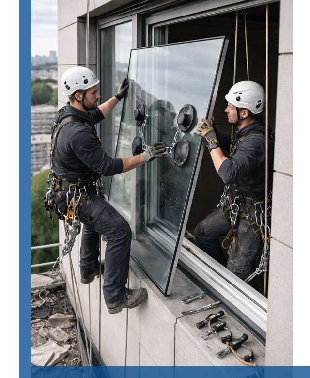 Замена стеклопакетов на высоте с промышленными альпинистами в Курске