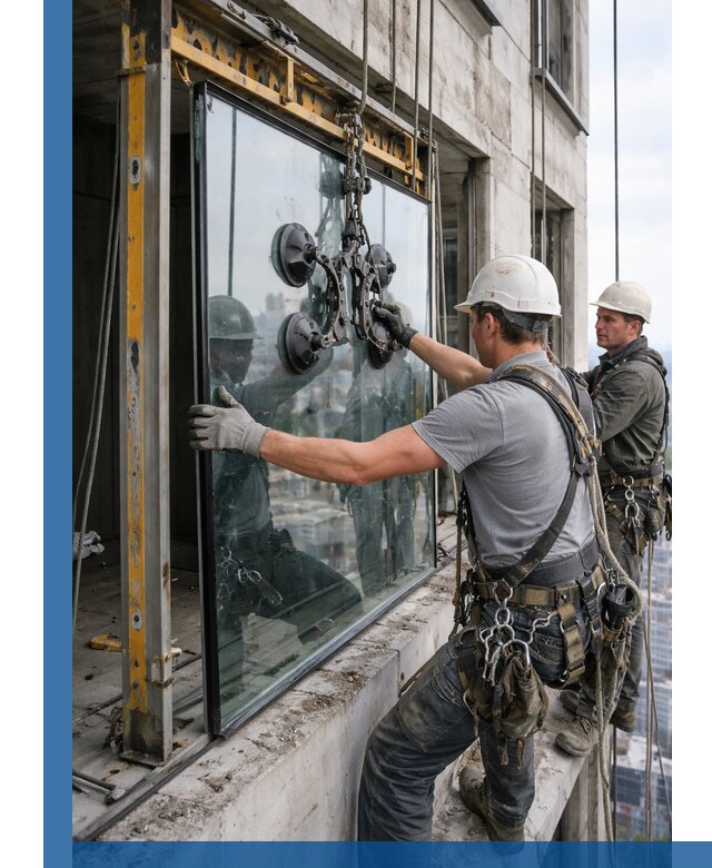 Монтаж стеклопакетов на высоте в Курске с промышленным альпинизмом