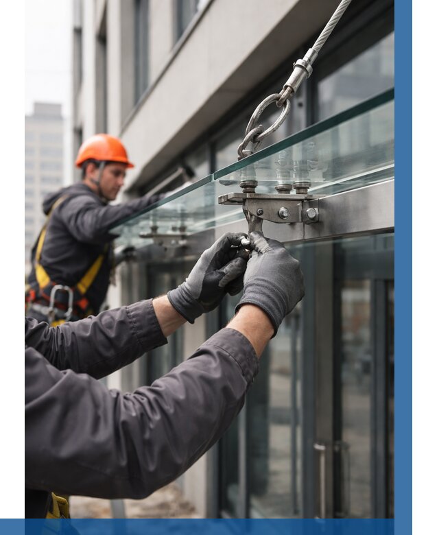 Монтаж стеклянных козырьков в Курске от 8860 р. | ВЫСОТНИК-Кус