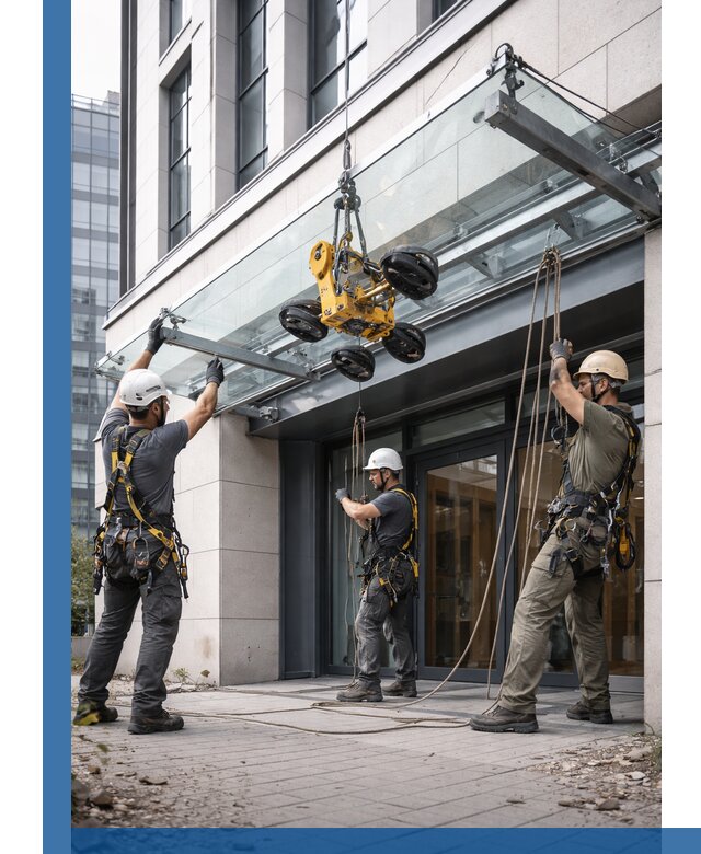 Монтаж стеклянных козырьков под ключ в Курске для зданий