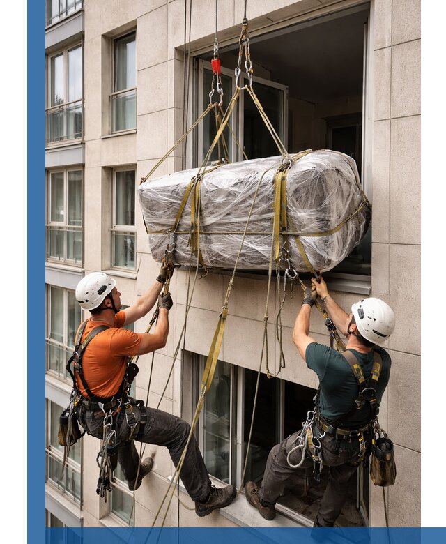 Подъем грузов через окно в Курске промышленными альпинистами