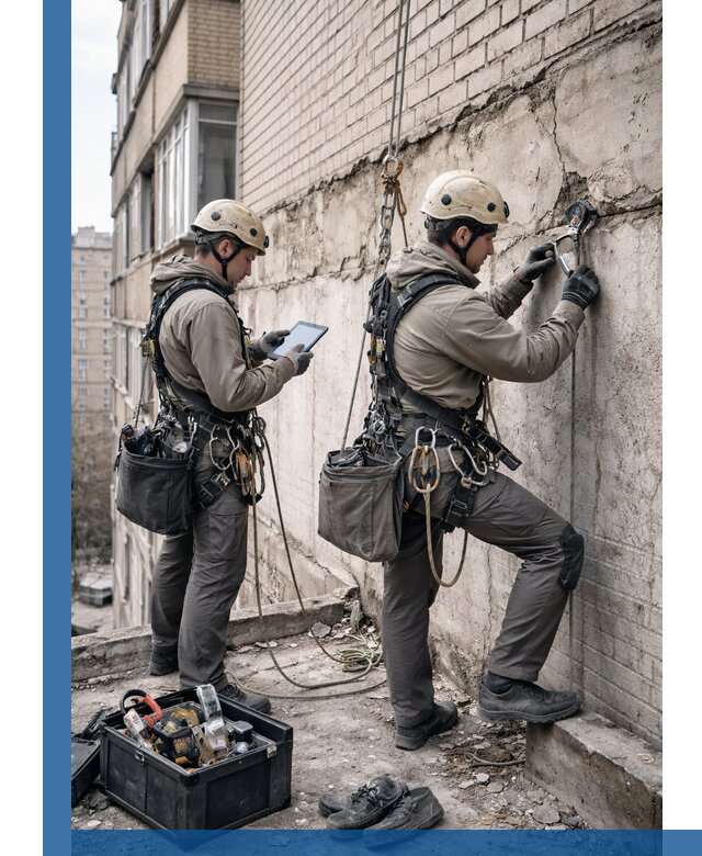 Обследование фасада промышленными альпинистами в Курске